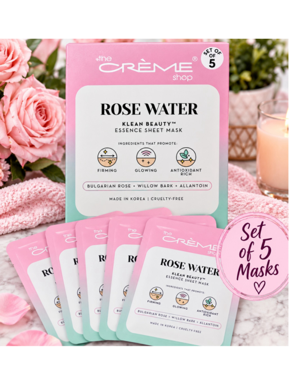 The Crème Shop Rose Water Essence Sheet Masks 5 Pack New Sealed